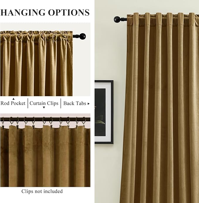 AUSSPVOCT Brown Velvet Curtains 84 Inches for Living Room, Elegant Sound Reducing Thermal Insulated Drapes Room Darkening Luxury Blackout Curtain for Bedroom, Back Tab Rod Pocket, Goldbrown, 2 Panels