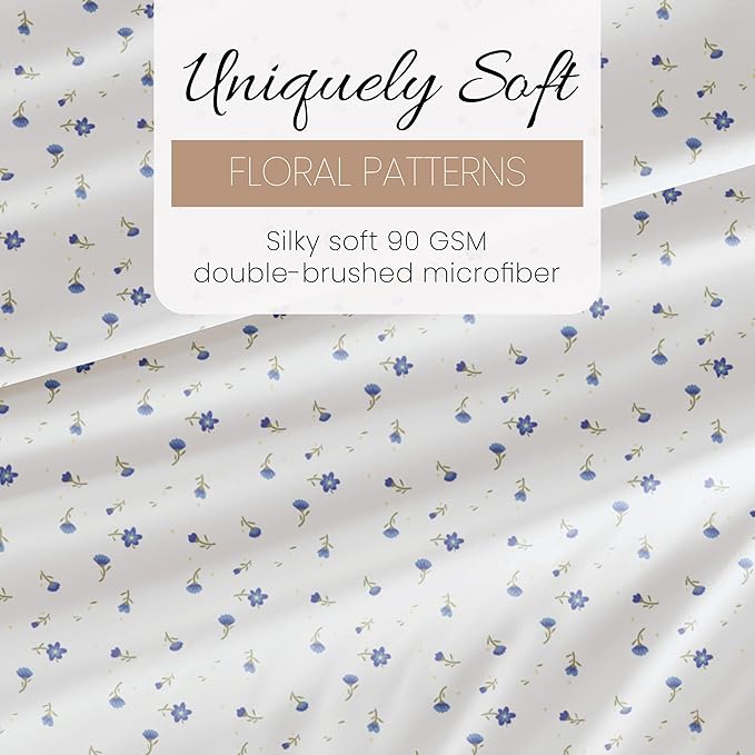 Linen Market Double-Brushed Patterned Microfiber California King Sheet Set 4 Piece – Oeko-TEX Certified Ultra Soft & Wrinkle-Free - 16" Deep Pocket Sheets Easy Care Cal-King Size - Soft Floral Blue