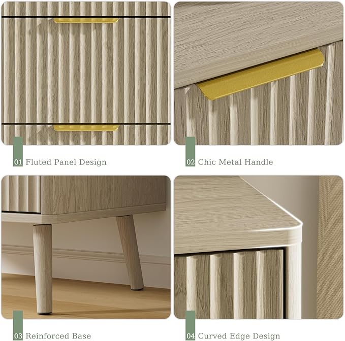 LYNSOM Fluted 5 Drawers Dresser, 45" Tall Modern Chest of Drawers with Curved Profile Design and Metal Handle, Wood Drawer Organizer for Bedroom, Living Room, Hallway, Entryway, Beige
