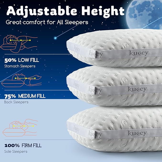 Luxury Cooling Side Sleeper Pillow for Neck and Shoulder Pain, Medium Firm Bed Pillows Queen Size Set of 2 Luxury Shredded Memory Foam for Sleeping Adjustable Washable Cover Crescent White