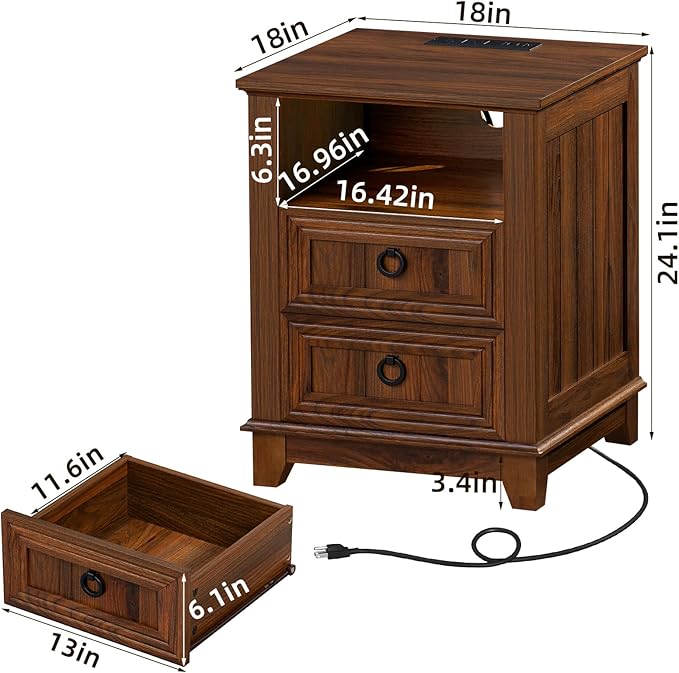 18" Farmhouse Night Stand with Charging Station, 2 Drawers End Table Dresser for Bedroom, Brown Wooden Nightstand, Bed Side Table with Open Shelf, Bedside Cabinet for Living Room, Closet