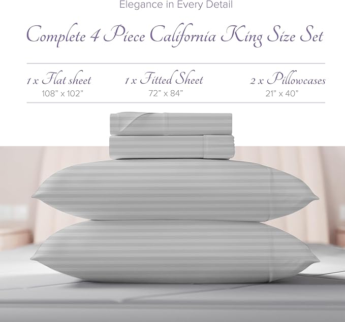 Carressa Linen Luxury Egyptian Cotton California King Stripe Sheet Set, 600 Thread Count Extra Long Staple 4 PC Set, Cal King Stripe Sheets, Soft, Cooling Striped Sheets 16 in Deep Pocket - Silver
