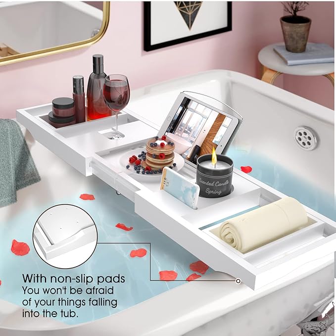 Artmalle Bathtub Caddy Tray - Expandable and Foldable Bath Tray for Tub, Luxury Bamboo Bath Caddy Tub Table, Bathtub Accessories with Book Holder and Free Soap Dish, White