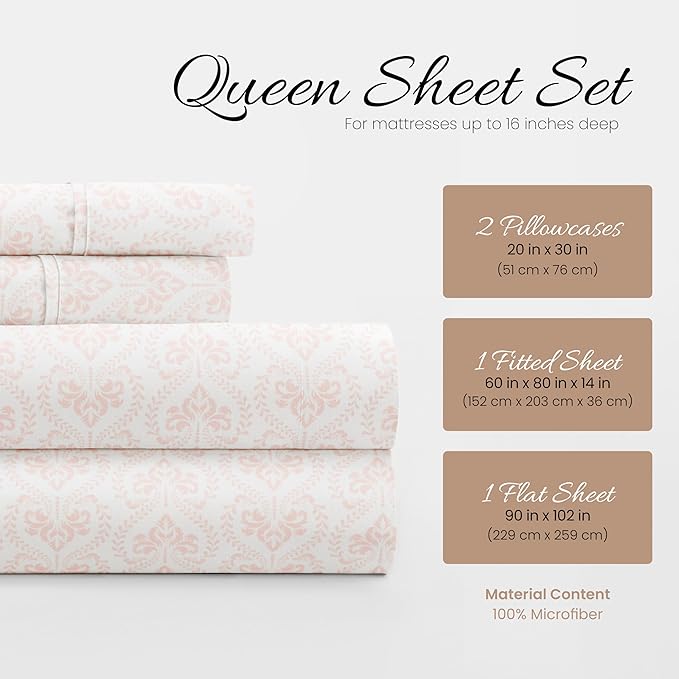 Linen Market Patterned Microfiber Queen Sheet Set 4 Piece – Oeko-TEX Certified Ultra Soft & Wrinkle-Free - 16" Deep Pocket Sheets - Easy Care Queen Size - Classic in Pink