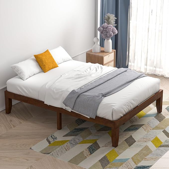 Giantex 14 Inch Full Platform Bed Frame, Minimalist Style Mattress Foundation with Solid Rubber Wood, Heavy Duty Wood Slat Support, Without Headboard, Easy Assembly, No Box Spring Needed,Walnut
