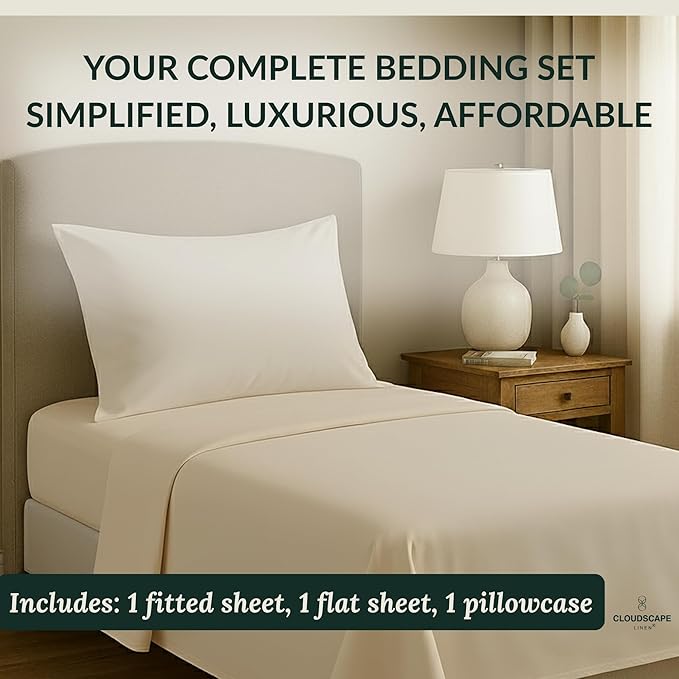 Egyptian Cotton Twin XL Size Sheets Set, 4 Ivory