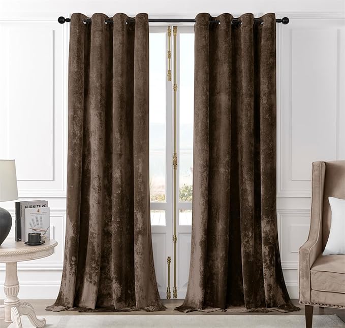 SMILETIME Chocolate Crushed Velvet Curtains 52x108 inch Luxurious Thermal Insulated Soundproof Drapes for Living Room Bedroom Office Soft and Durable Light-Filtering Window Treatments, 2 Panels
