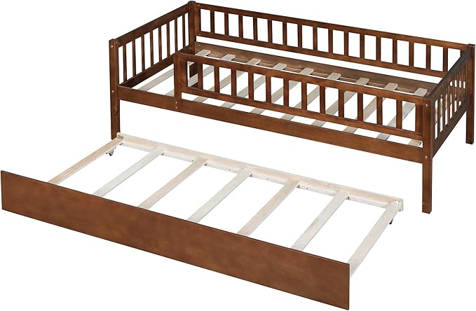 Bellemave Twin Bed Frames with Rails for Kids, Twin daybed Frame with Trundle for Boys/Girls/Adults， Walnut