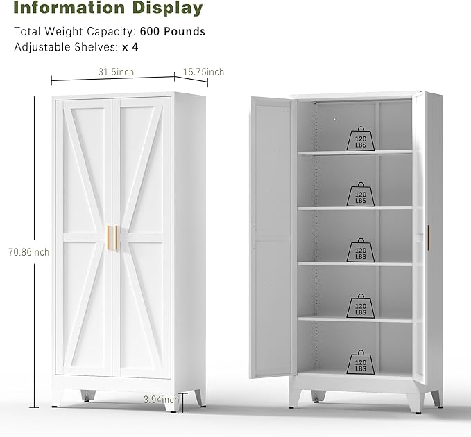COFaR 5 Tier Metal Farmhouse Storage Cabinet with 2 Barn Door, 4 Adjustable Shelves and Legs, for Kitchen, Dining Room, Bathroom, Living Room, Office
