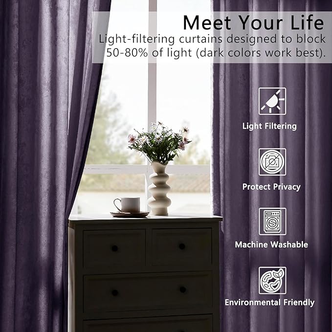 SMILETIME Lilac Purple Crushed Velvet Curtains 52x84 inch Luxurious Thermal Insulated Soundproof Drapes for Living Room Bedroom Office Soft and Durable Light-Filtering Window Treatments, 2 Panels