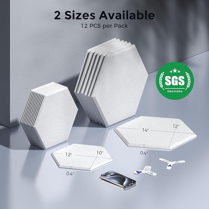Self-Adhesive Acoustic Panels [390 lbs/yd³ Ultra-High Density], 2nd Generation Sound Absorbing Panel, Professional Level Sound Panel, Polyester Soundproof Foam [Size L, White]