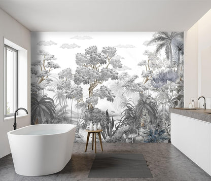 -Tropical Rainforest Botanical Grey Jungle Forest Fabric Wallpaper Living Room Palm Leaf Plant Bedroom Bathroom Large Wall Mural- 160"x108"（ not Peel and Stick）