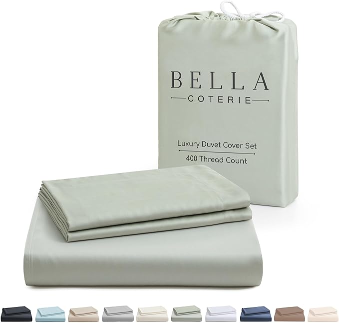 Bella Coterie Luxury Bamboo Viscose Queen Size Duvet Cover Set | 100% Organically Grown | Corner Ties | Ultra Soft | Cooling | Two Pillow Shams | 90 x 94 | No Insert [Sea Glass]