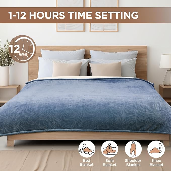 Westinghouse Electric Blanket King, Flower Jacquard Heated Blanket King Size with 10 Heating Levels and 1-12 Hours Auto-Off, Flannel to Sherpa Reversible, Machine Washable (90" x 100", Blue)