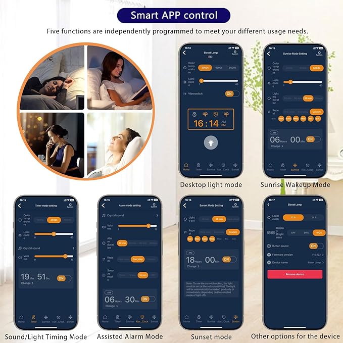 Light Alarm Clock Wake up Light Bioclock Adjustment Sunrise Alarm Clock Awakening lamp Bedside lamp Table lamp Nightstand Lamp Moon-Shaped & APP-Supported