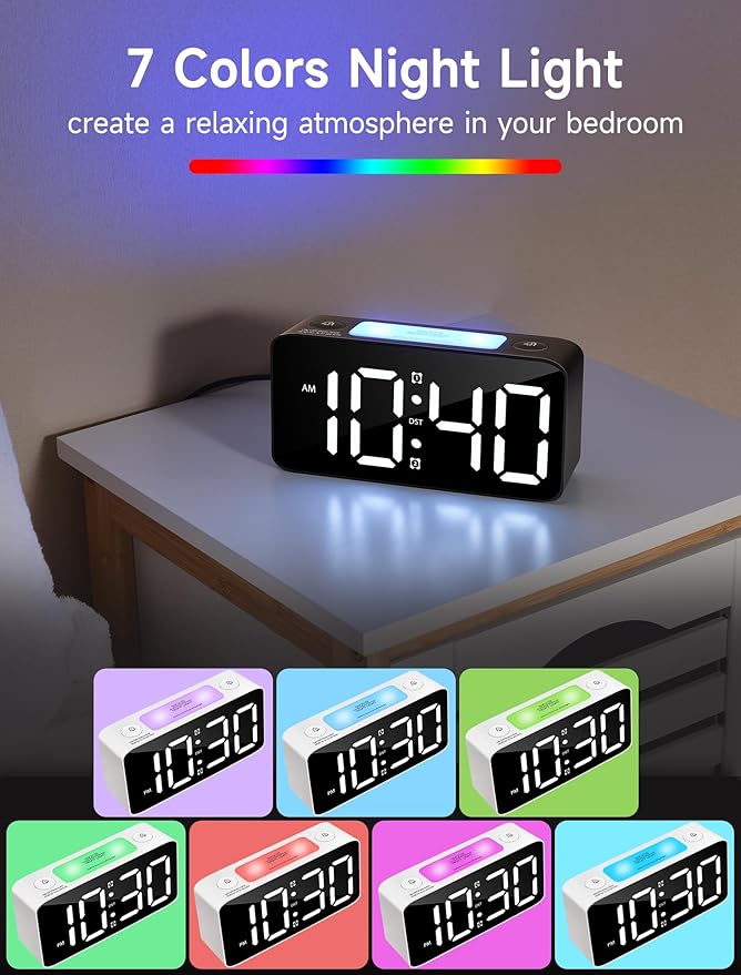 Cadmos Super Loud Alarm Clock for Heavy Sleepers Adults,Digital Clock with 7 Color NightLight,Adjustable Volume,USB Charger,Small Clocks for Bedrooms Bedside,ok to Wake for Kids,Teens (Pink+RGB)
