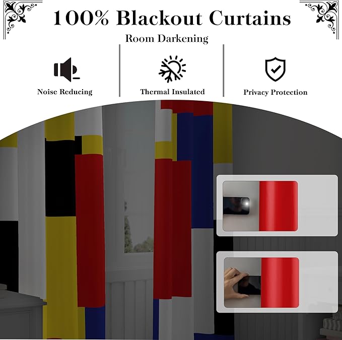 Colorful 100% Blackout Curtains for Bedroom 84 inch Long 2 Panels Set Red Yellow Modern Abstract Geometric Black Out Curtains Insulated Room Darkening Window Drapes for Living Room, 52Wx84L