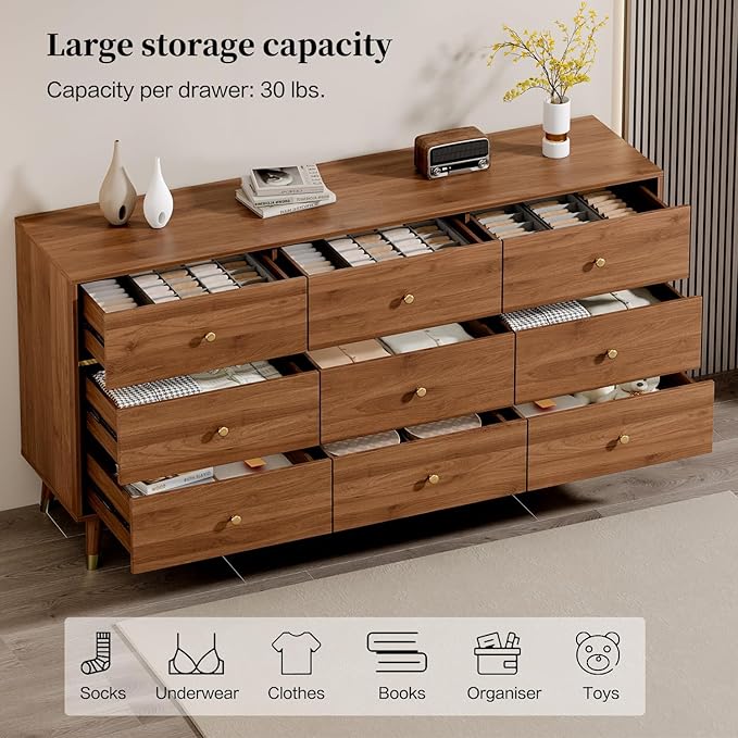 9 Drawer Dresser,63" Wide Mid Century Modern Chest of Drawers,Wooden Bedroom Drawer Dresser with 9 Storage Drawers for Bedroom, Living Room,with Anti-Tipping Device,Walnuts