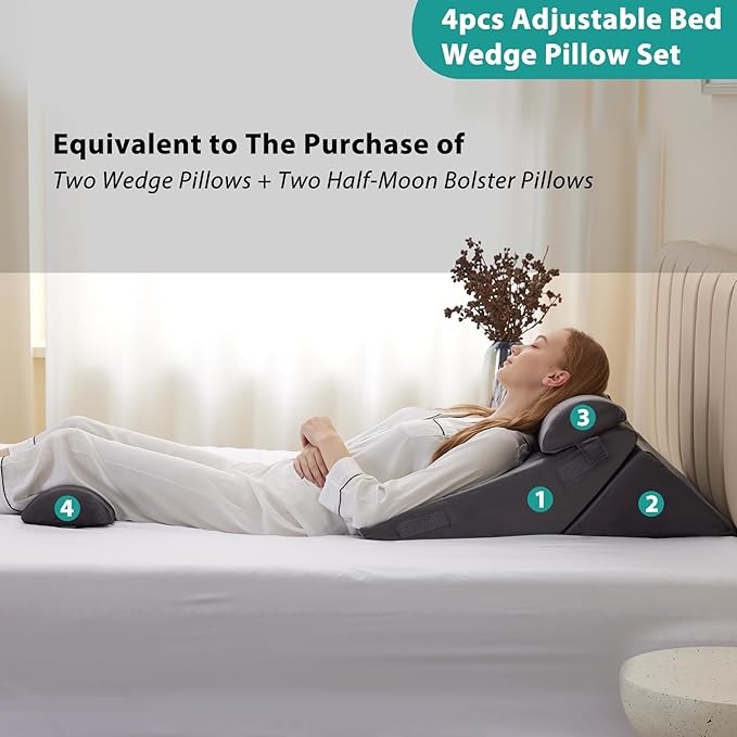 Bedluxe Adjustable 4pcs Bed Wedge Pillow Set, Memory Foam Wedge Pillows Post Surgery for Back, Neck, Leg Pain Relief, Pillow Wedge for Sleeping, Sitting up in Bed, Acid Reflux and GERD, Velvet