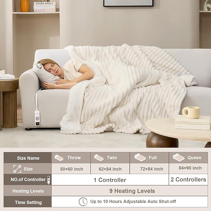 Hansleep Heated Blanket Electrci Blanket Throw, Heating Blanket with 9 Heating Levels and 10-Hour Timer Auto Shut Off, Washable Soft Warm Winter Blanket, 50 x 60 Inches, Beige