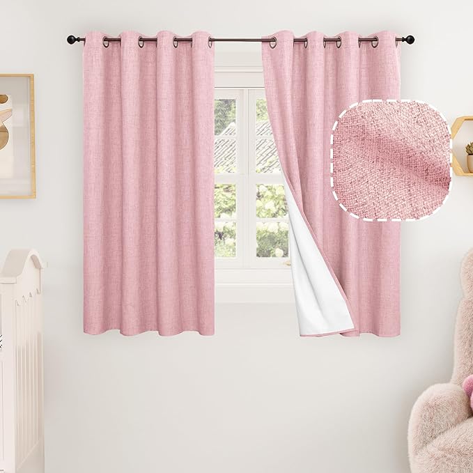 Baby Pink Linen Blackout Curtains for Nursery 45 Inch Length 2 Panels Set, Thermal Insulated Boho Total Black Out Noise Reducing Bonzer Grommets Window Curtains for Girls Bedroom, Each 52 Inch Wide