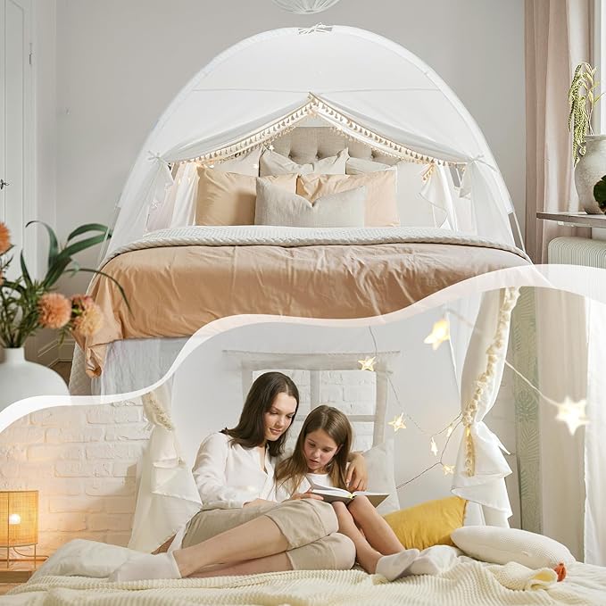 Razee Twin Bed Tent for Kids, Twin Size Toddler Canopy Indoor Princess Playhouse Privacy Tents on Bunk Bed Sleep for Girls Boys, Kid Toys for Birthday Gift, Bohemian Tassel, White