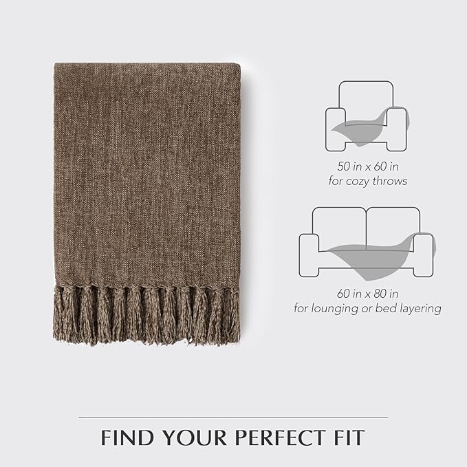 EVERGRACE Soft Chenille Throw Blanket for Couch, Cozy Plush Fuzzy Decorative Chenille Knit Throw Blanket with Tassels, Lightweight Blanket and Throws for Bed Sofa Gift Home Decor, Mocha Brown 50"x60"