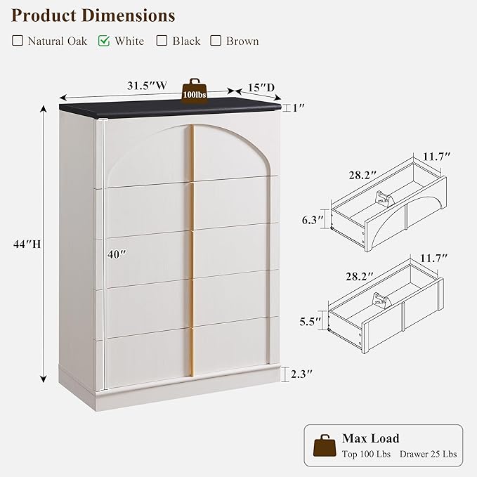 ACCOHOHO Modern 5 Drawers Dresser for Bedroom with Arched Panel,44" Tall Dresser for Closet with Metal Handles,Push-to-Open Wood Storage Closet Dressers Tv Stand for Living Room, Hallway,White
