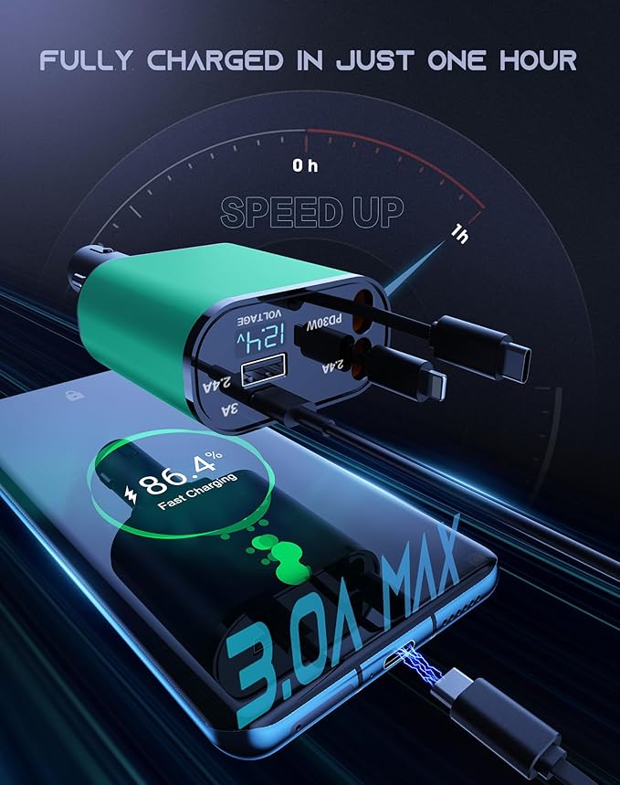 Retractable Car Phone Charger, 4 in 1 Fast Charge Car Phone Charger with 2 Retractable Cables(2.6ft) and 2 USB Ports, Compatible with iPhone15/14/15 Pro Max,Samsung (Bluish Green)