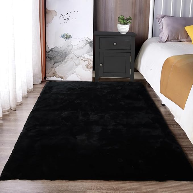 Latepis Faux Rabbit Fur 3x5 Area Rug Fluffy Black Rugs Machine Washable Shag Rug for Living Room Furry Throw Bedside Rugs Room Carpet for Nursery Floor