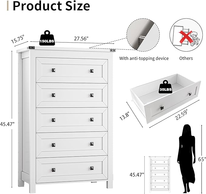 Dresser for Bedroom with 5 Drawers, Tall Wood Chest of Drawers, Modern Farmhouse Closet Clothes Organizer, Storage Tower Cabinet with Metal Handles for Hallway, Living Room, Entryway, White