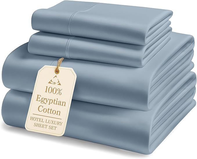 100% Egyptian Cotton Queen Size Sheet Set - 1000 Thread Count Silky Sateen Weave Naturally Breathable & Durable Winter Comfort, Hotel Soft Luxury Comfort with 15" Deep Pocket Queen Sheets -French Blue