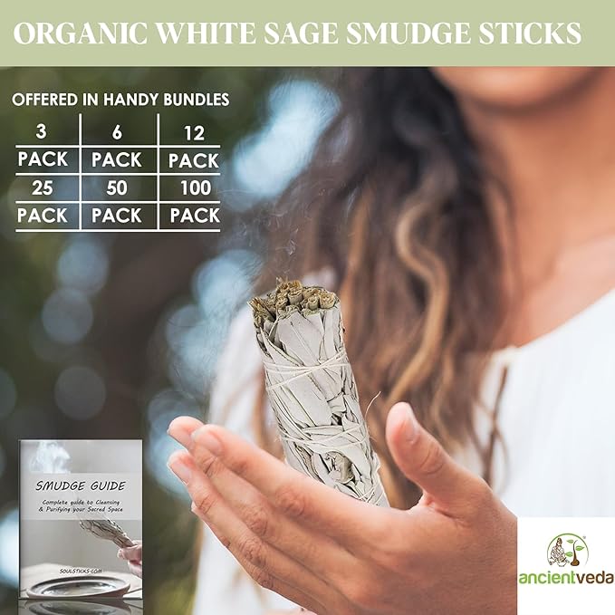 ANCIENT VEDA 4 Inch White Sage Smudge Sticks Bulk With Starter Guide (3 Pack) Smudging Sticks Bulk Sage for Cleansing House | White Sage for Smudging and Negative Energy Yoga | California Sage Bundles