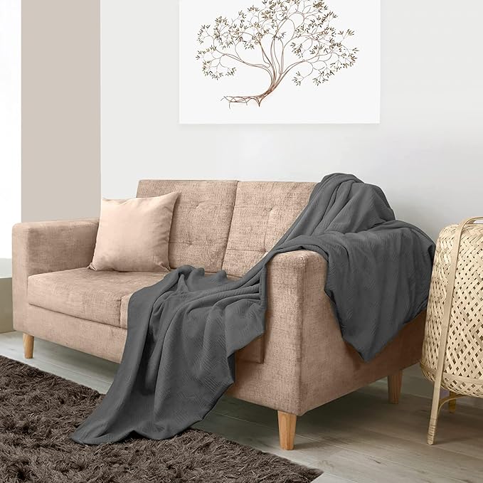 Avalon Bedding 100% Cotton Blankets King Size Thermal Blanket (108"x90") - Perfect Cotton Blanket King Size for Layering Bed in Any Season - Cotton Blankets for Bed (Grey)