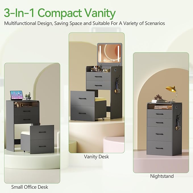 HNEBC 3 in 1 Vanity Desk with Plip Top LED Mirror,Small Dressing Table Set with Visible Glass Desktop,Compact Vanity with 3 Drawers,Storage Compartment and Padded Stool,for Bedroom(Grey)