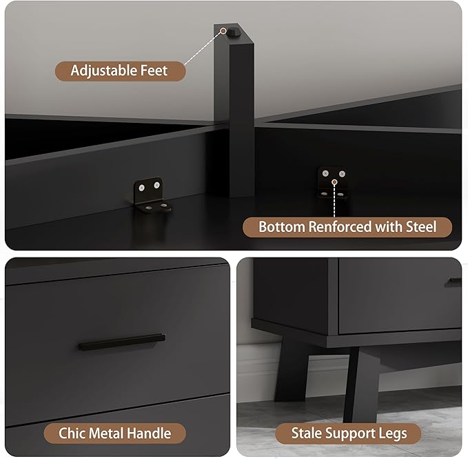 Dresser for Bedroom with 7 Drawer, Wood Modern Chest of Drawers with X-Shaped Sturdy Base, Wide Double Dresser Closet Clothes Storage Organizer, Wooden TV Stand for Living Room, Hallway, Black