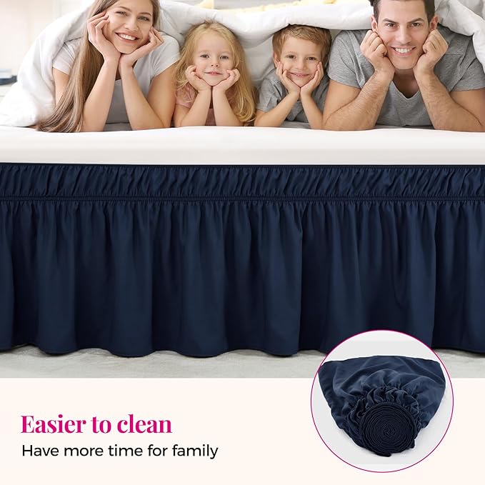 RIMELA Navy Blue Bed Skirt Queen Size 18 Inch Drop, Elastic Bed Skirting for Bed Base and Frame, Bedding Dust Ruffle Easy to Install, Lightweight Wrap Around Adjustable Bedskirt