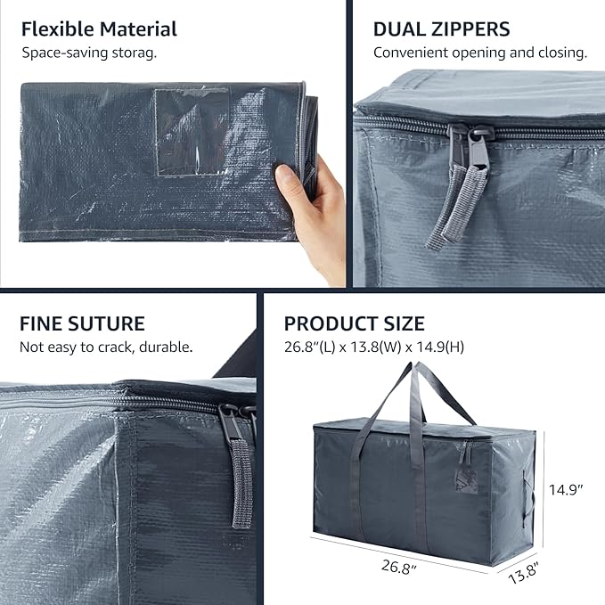 Moving Bags Heavy Duty Extra Large, Moving Boxes, Moving Supplies Essentials,Storage Bins with Lids, Plastic Packing Totes, Storage Bags for Clothes with Handles & Zippers(Grey, 12 Pack)