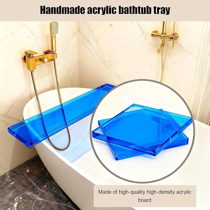 Bathtub Tray Table, Clear Acrylic, Anti-Slip Bath Caddy, L32.3″ * W7.87″ * H1.18″ (Blue, L29.9 x W7.87 x H1.18)