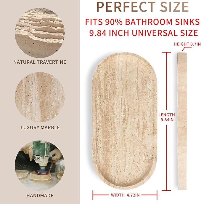 Marble Vanity Tray for Bathroom Counter, 10"x5" Travertine Decorative Tray for Perfume, Candles, Stone Jewelry Dish Tray (Travertine Beige, 9.8X4.7)