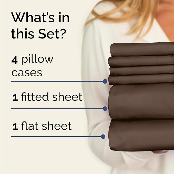 Queen 6 Piece Sheet Set - Cooling, Comfy & Breathable - Hotel Luxury Bedding, Includes Fitted Sheet for Women, Men, Kids and Teens - 1 Flat, 1 Fitted Sheet, 4 Pillowcases with Deep Pockets - Brown