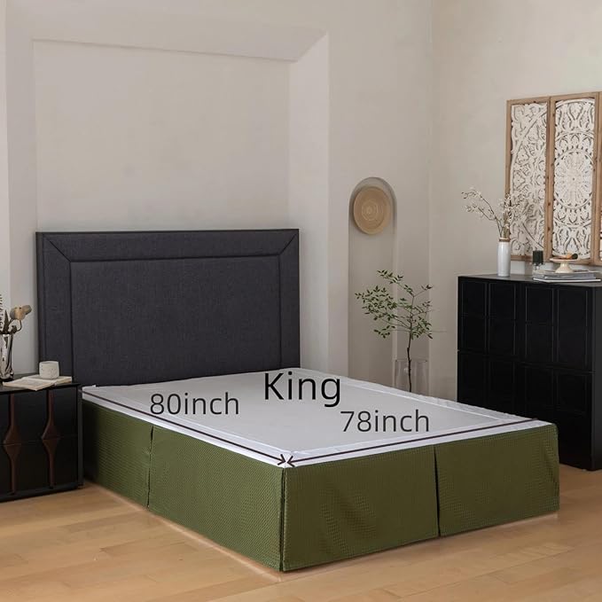 King Bed Skirt, Wrap Around Bed Skirt with Pleated Corner, 14 Inch Drop Pleated Waffle Weave Bedskirts, Anti-Slip, Microfiber, Green, 14'' King