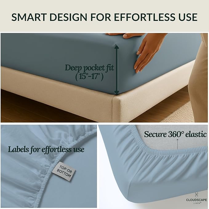 Cloud Scape Linen 100% Egyptian Cotton California King Sheet Set, 400 Thread Count,4 Pieces Luxury Bedding Set, Hotel Quality, Silky Soft, Breathable and Durable, Deep Pockets up to 17, French Blue