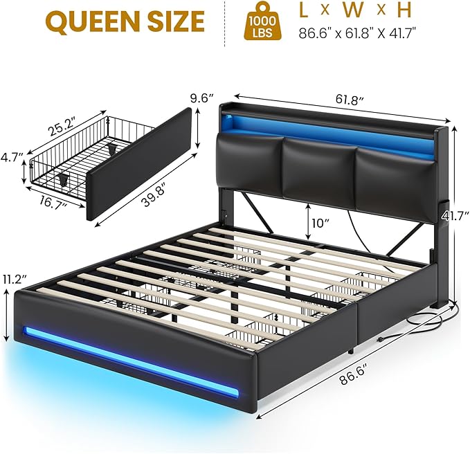 VIAGDO Queen Bed Frame with Storage Headboard and Charging Station, Leather Upholstered Bed Frame Queen Size with 4 Drawers and LED Lights, Type C and USB, No Box Spring Needed, Black