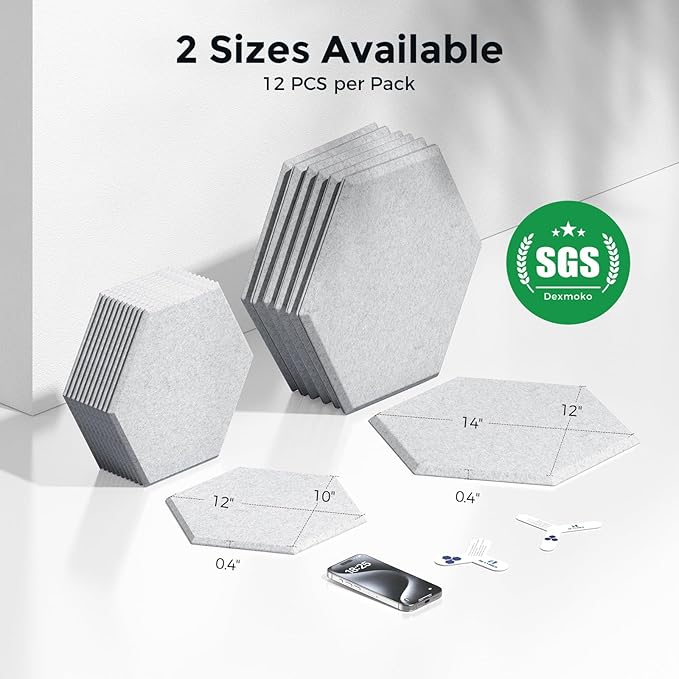 Pro-Level Self Adhesive Acoustic Panels,2nd Generation Sound Absorbing Panel,Soundproof Wall Panels,Sound Dampening Panels,Polyester Foam Reducing Noise and Echoes,Silver Grey (HEXAGON 03)