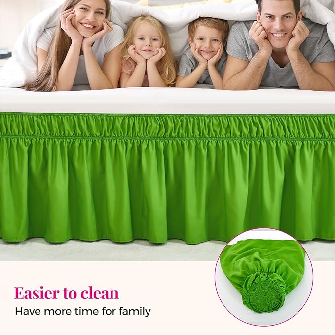 RIMELA Green Bed Skirt Queen Size 15 Inch Drop, Elastic Bed Skirting for Bed Base and Frame, Bedding Dust Ruffle Easy to Install, Lightweight Wrap Around Adjustable Bedskirt
