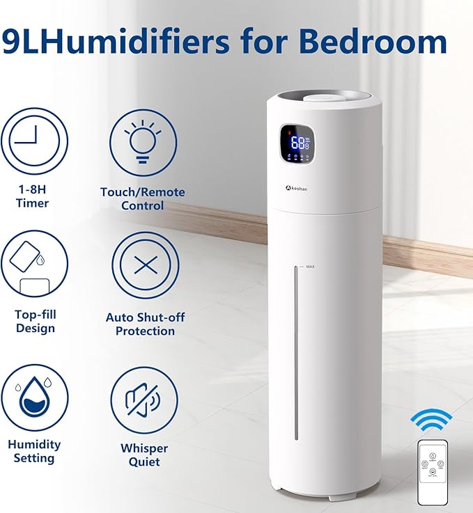 Large Humidifiers for Bedroom, 9L/2.5Gal Ultrasonic Cool Mist, Top Fill Easy Clean with 350ML/H Mist Speed, Quiet, Suitable for Kids Room Plant Yoga Office Study Room Living (White, Round)