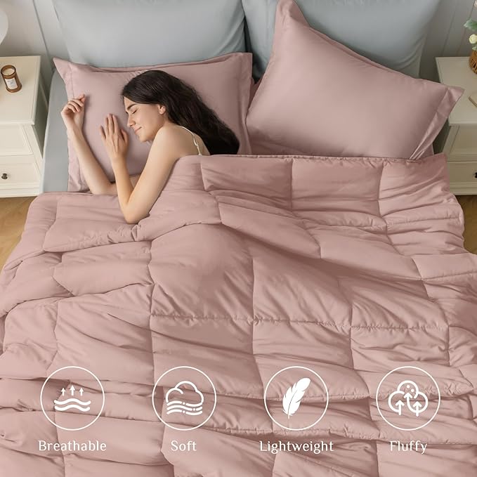 JOLLYVOGUE Twin XL Comforter Set, Ultra-Soft Bed in a Bag Twin XL Size 5 Pieces, Oeko-TEX Certified Bedding Set with Down Alternative Comforter, Sheets, Pillowcases & Shams, Pink & Light Grey