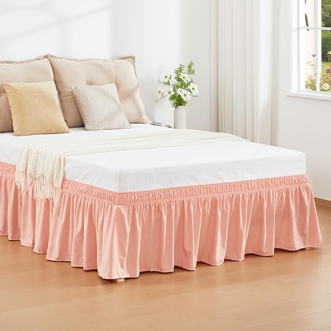 RIMELA Peachy Coral Bed Skirt Queen Size 18 Inch Drop, Wrap Around Elastic Bedskirt, Dust Ruffle for Adjustable Bed Base Machine Washable Easy to Install Bed Skirts