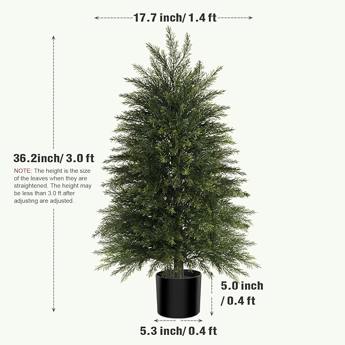 3FT Artificial Cedar Trees Set of 2, Realistic Faux Evergreen Topiary Bushes Plants, Outdoor Potted Fake Cypress Shrubs for Front Porch Garden Home Living Room Decor